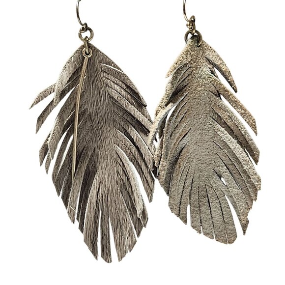 Handmade Faux Leather Feather Dangle Earrings Gold Toned Boho Fashion Jewelry - Picture 1 of 3